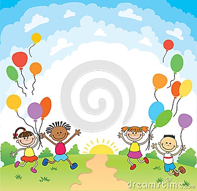 Children are jumping ob summer background bunner cartoon funny vector character. illustration Vector Illustration
