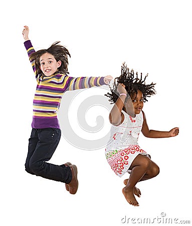 Children jumping at once Stock Photo