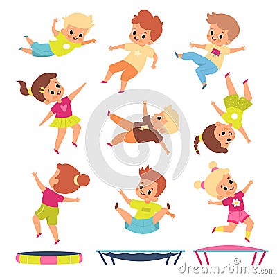 Children jumping on trampolines. Cartoon boys and girls in different flying poses. Kids bounce and play. Childish Vector Illustration