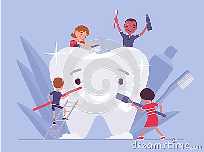 Children keep giant tooth clean by brushing, holding toothpaste, toothbrush Vector Illustration