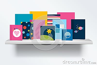 Children, kids Bookshelf. Front view of books cover standing on grey background with shadows. Vector Illustration