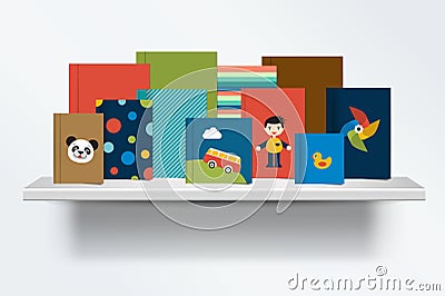 Children, kids Bookshelf. Front view of books cover standing on grey background with shadows Vector Illustration