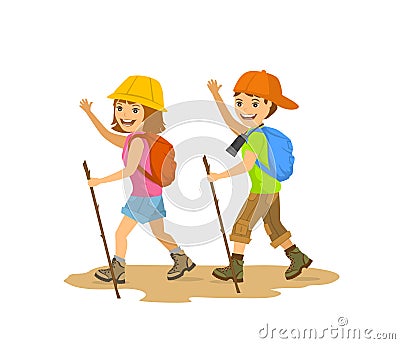 Children, kids, boy and girl hiking, camping Vector Illustration