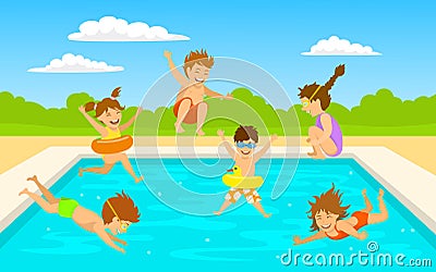 Children kids, cute boys and girls swimming diving jumping into pool scene Vector Illustration