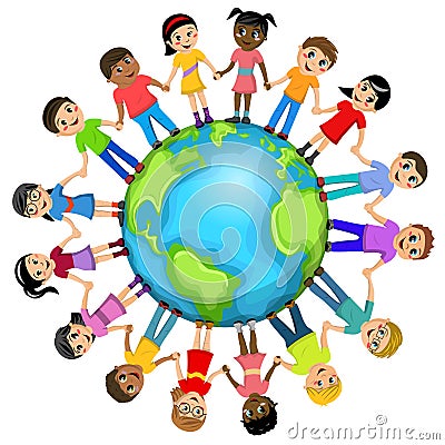 Children kids hand around world isolated Stock Photo