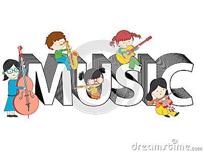 Children and kids playing and sitting on music text vector illustration Vector Illustration