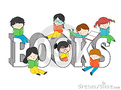 Children and kids reading and sitting on books text Vector Illustration