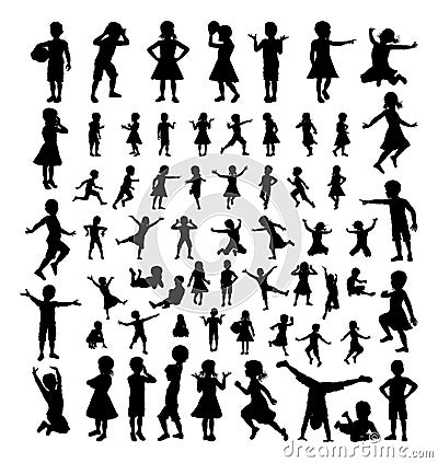 Children Kids Silhouette Big Set Vector Illustration