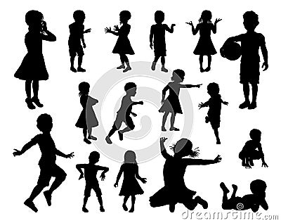Children Kids Silhouette Set Vector Illustration