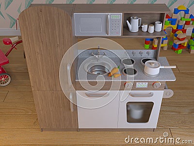 Children kitchen design interior play set with accessories. Cartoon Illustration