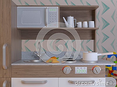 Children kitchen design interior play set with accessories. Cartoon Illustration