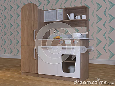 Children kitchen design interior play set with accessories. Cartoon Illustration