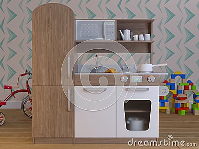 Children kitchen design interior play set with accessories. Cartoon Illustration