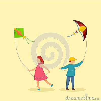 Children with kites background, flat style Vector Illustration