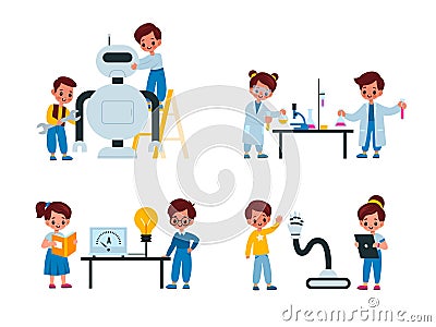 Children laboratory. Young scientists conduct research, kids in special lab coats assembling robot, work with chemicals Vector Illustration