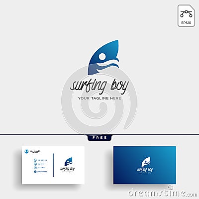 children learn surfing, boy surfer logo template with business card Vector Illustration