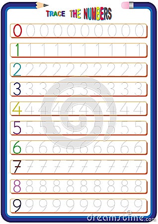 children are learning the numbers, math worksheet for kids, 0 to 9 the numbers, trace the numbers Stock Photo