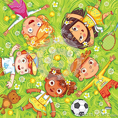 Children lie on the meadow Vector Illustration