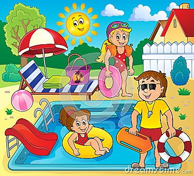 Children and life guard by pool Vector Illustration