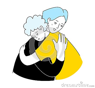 Children line vector illustration. Mother hug son boy Vector Illustration