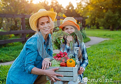 Children little girl holding mom a basket of fresh organic vegetables with the home garden. Stock Photo