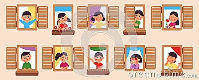 Children look from windows. Apartment person, little cartoon neighbors. Asian kids style, house sitting and studying Vector Illustration