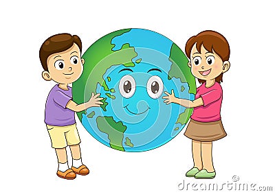 Children love earth hugging planet Vector Illustration