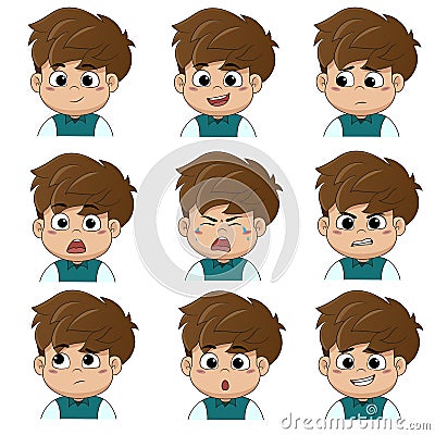 The children make the face many of the emotions such as smile, happy, laugh, sad, surprise, cry, tears, upset, angry, thinking Vector Illustration