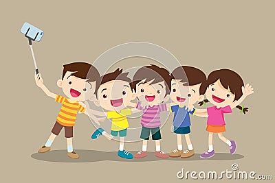 Monopod selfie and kids.Happy children group Standing and hugging doing self portrait Vector Illustration