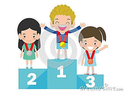 Children with medals for victory stand on the sports pedestal, Medalists kids standing on competition winner podium. Vector Illustration