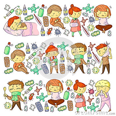 Children medical center. Healthcare illustration. Doodle icons with small kids, infection, fever, cold, virus, illness. Vector Illustration