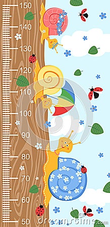 Children meter wall with a cute smiling cartoon snail on wood and measuring ruler. Vector illustration of snail isolated on sky ba Vector Illustration