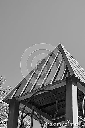 The roof of the children`s house on the playground in the city park. Stock Photo