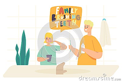 Children Morning Routine, Oral Care. Kids Brushing Teeth, Happy Brother and Sister Family Characters Dental Hygiene Vector Illustration