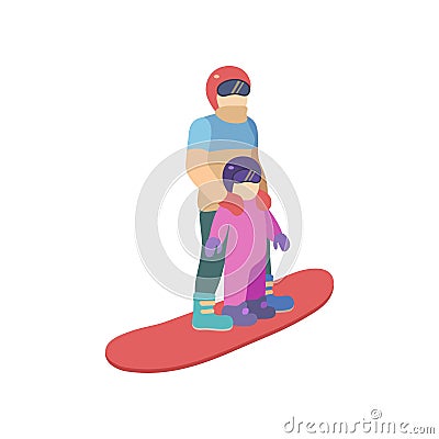 Children with mother is riding a snowboard in stylish bright clothes Cartoon Illustration