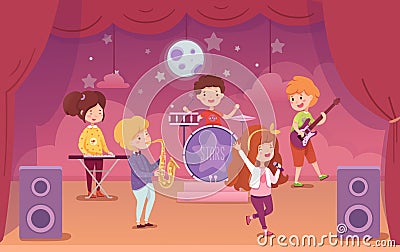 Children music band performing on concert scene Vector Illustration