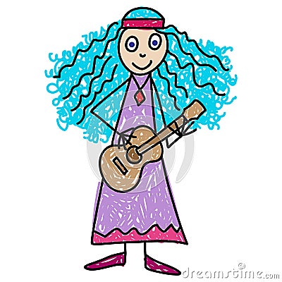 Children music classes. Little girl with long blue curly hair playing guitar. Kids Drawing style vector Vector Illustration