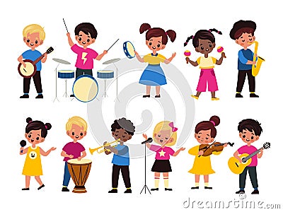 Children music orchestra. Kids music multiracial group, happy girls and boys play instruments and singing. Violin and Vector Illustration