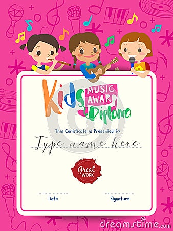 children musical diploma music award template with kids cartoon Vector Illustration