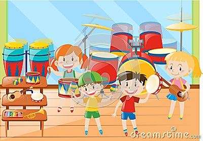 Children and musical instrument in classroom Vector Illustration