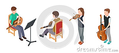 Children musicians. Isometric characters with violin guitar cello. Vector children orchestra isolated on white Vector Illustration