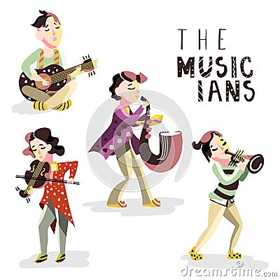 Children musicians. Kids with musical instruments - guitar, violin, saxophone, trumpet Vector Illustration