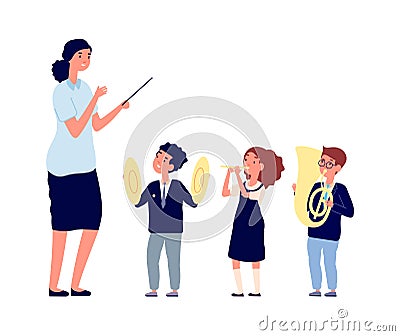 Children musicians. Kids orchestra, music lesson. Teacher conductor or kapellmeister of boy girl with musical Vector Illustration