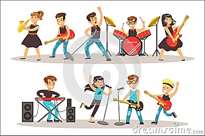 Children Musicians Performing On Stage On Talent Show Colorful Vector Illustration With Talented Schoolkids Concert Vector Illustration