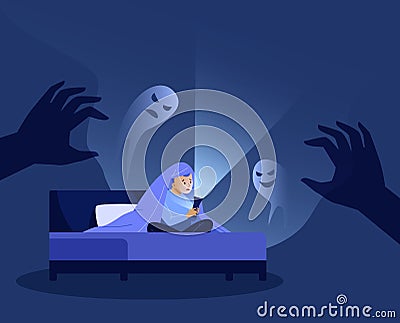 Children nightmares. Anxiety kid under blanket scared of monster bed dark room, child nightmare fear ghost boy afraid Vector Illustration