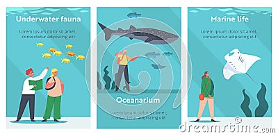 Children in Oceanarium Cartoon Posters. Little Characters Learn Marine Flora and Fauna, Underwater and Sea Animals Vector Illustration