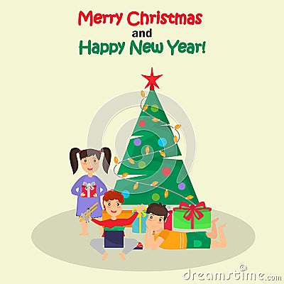 Children open Christmas gifts color illustration Vector Illustration