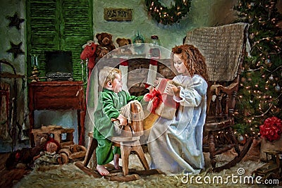 Children opening Christmas presents Cartoon Illustration