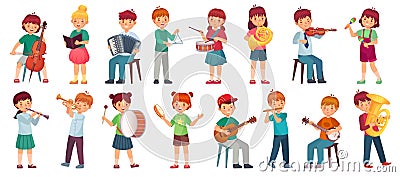 Children orchestra play music. Child playing ukulele guitar, girl sing song and play drum. Kids musicians with music Vector Illustration