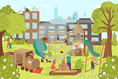 Children at outdoor playground near house, vector illustration. People kids character play at park background landscape Cartoon Illustration